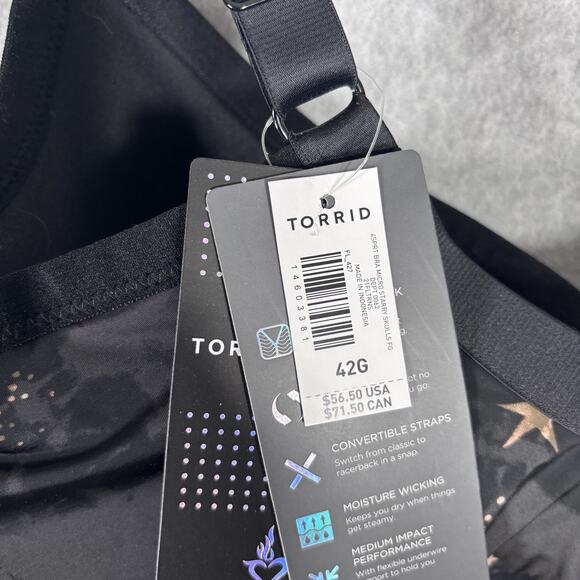 Torrid Sports Bra 42G Skulls Stars Gold Underwire Racerback Medium Impact Padded - Picture 10 of 15